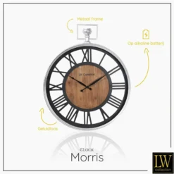 LW Collection Wandklok Morris zwart hout en zilver 60cm