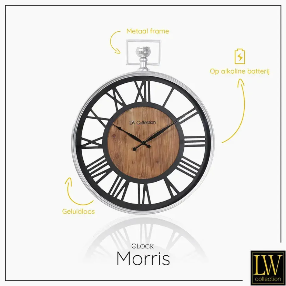 LW Collection Wandklok Morris zwart hout en zilver 60cm