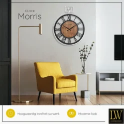 LW Collection Wandklok Morris zwart hout en zilver 60cm