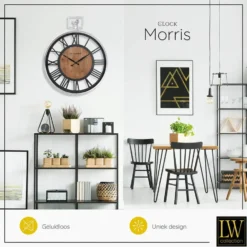 LW Collection Wandklok Morris zwart hout en zilver 60cm