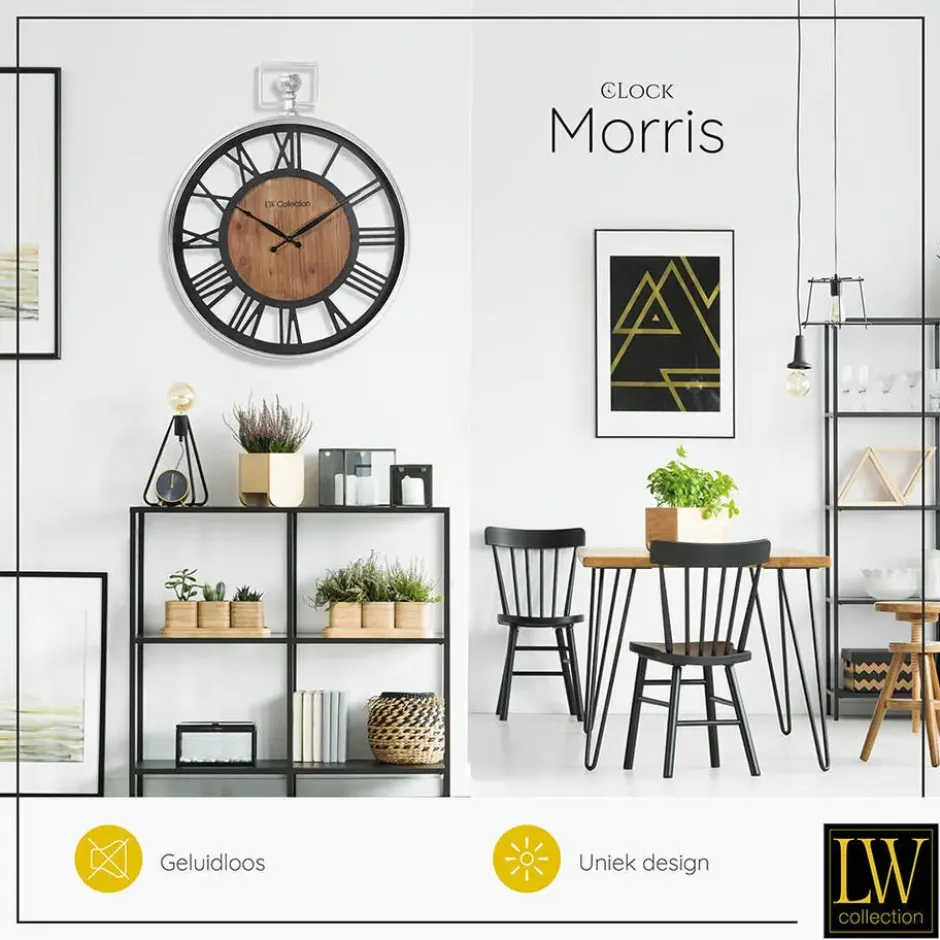 LW Collection Wandklok Morris zwart hout en zilver 60cm