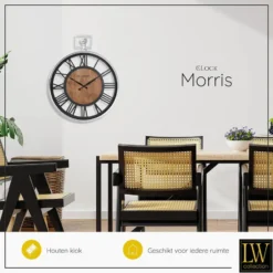 LW Collection Wandklok Morris zwart hout en zilver 60cm