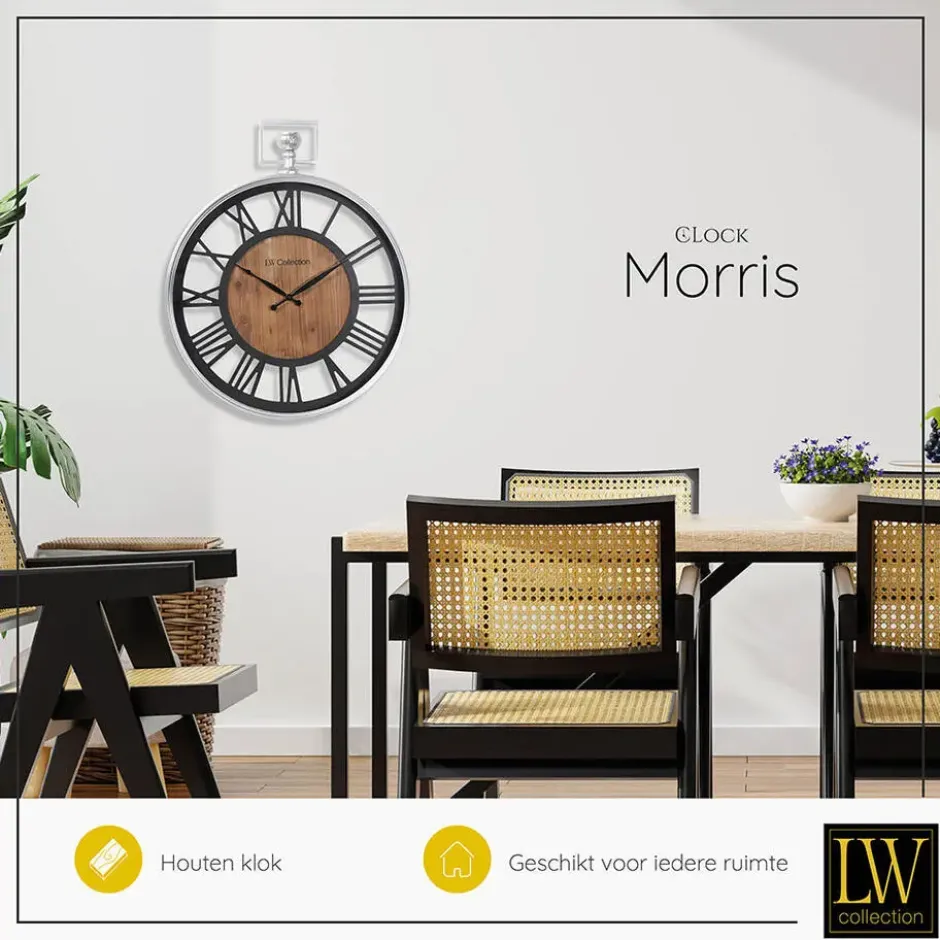 LW Collection Wandklok Morris zwart hout en zilver 60cm