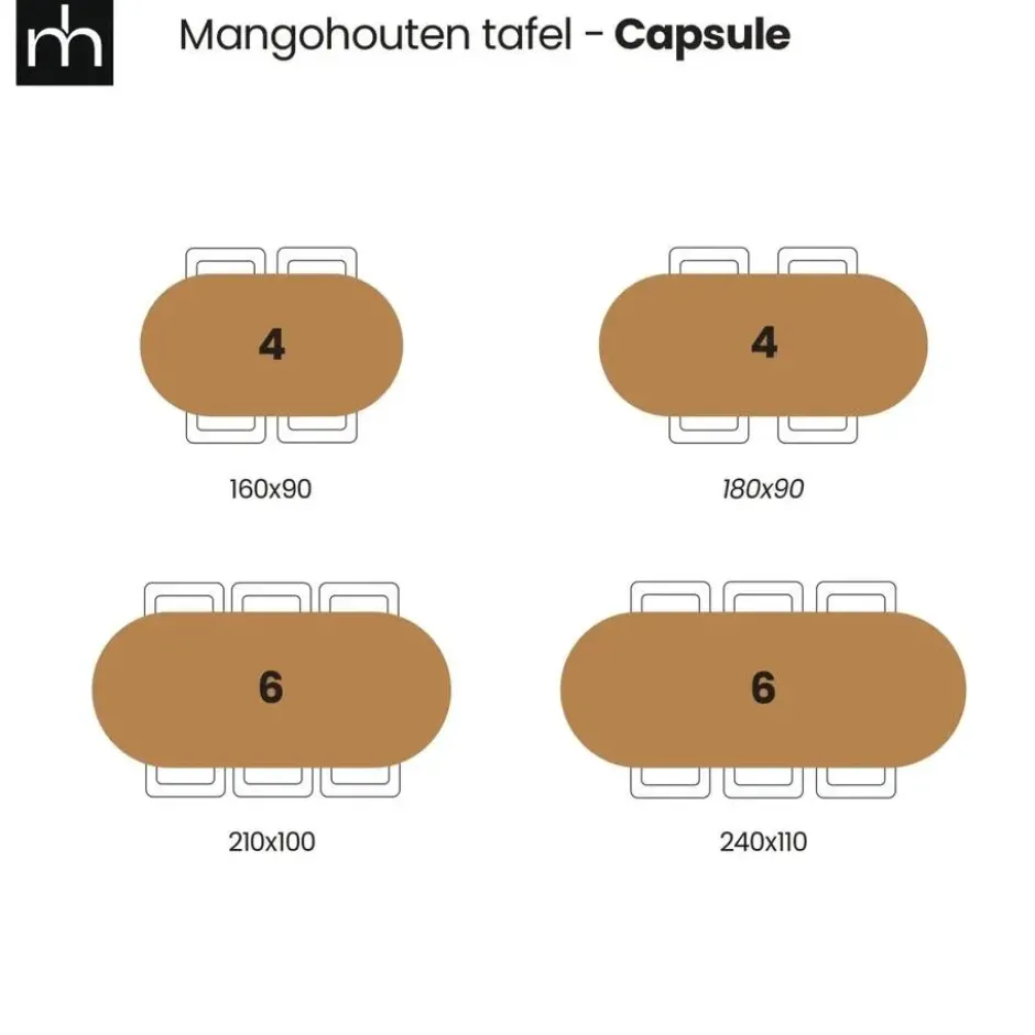 Mangohoutonline - Eettafel Nova Capsule 180x90cm Rechthoekig Bruin