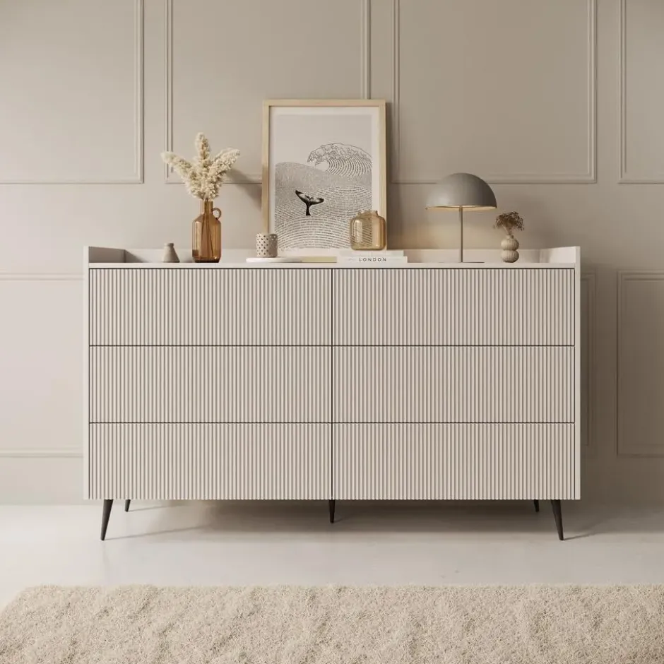 Meubella - Asty - Ladekast met 6 lades - Beige - 150x41x92 cm