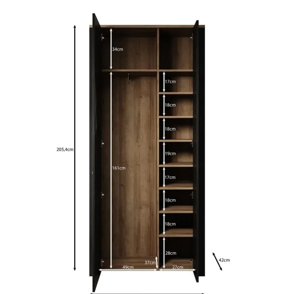 Meubella - Borello - Kledingkast 2 deurs - Zwart - 94x42x205 cm