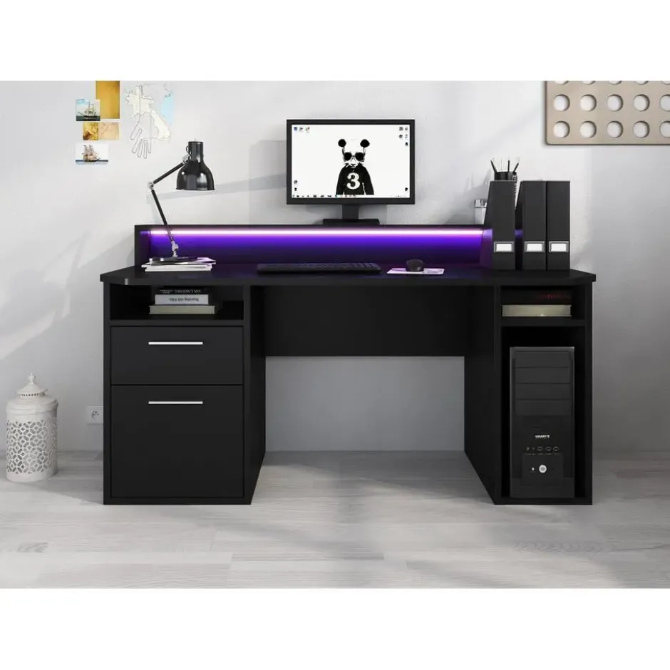 Meubella - Bureau Tamara 3 - Zwart - 160 cm - Met LED