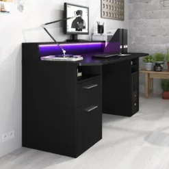 Meubella - Bureau Tamara 3 - Zwart - 160 cm - Met LED