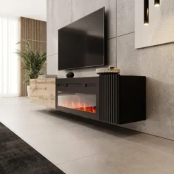 Meubella - Cruzar - TV-Meubel met sfeerhaard - Zwart/Eiken - 200 cm