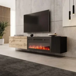 Meubella - Cruzar - TV-Meubel met sfeerhaard - Zwart/Eiken - 200 cm