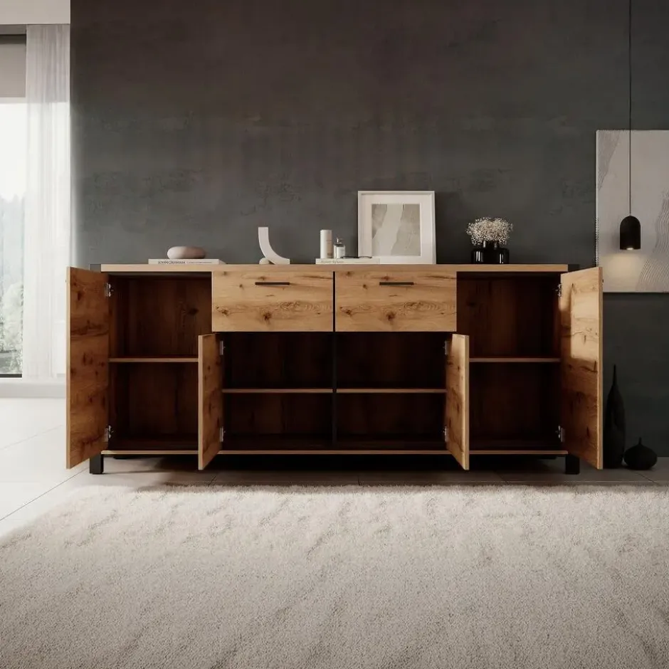 Meubella - Dressoir Acapulco - Eiken - Zwart - 213 cm