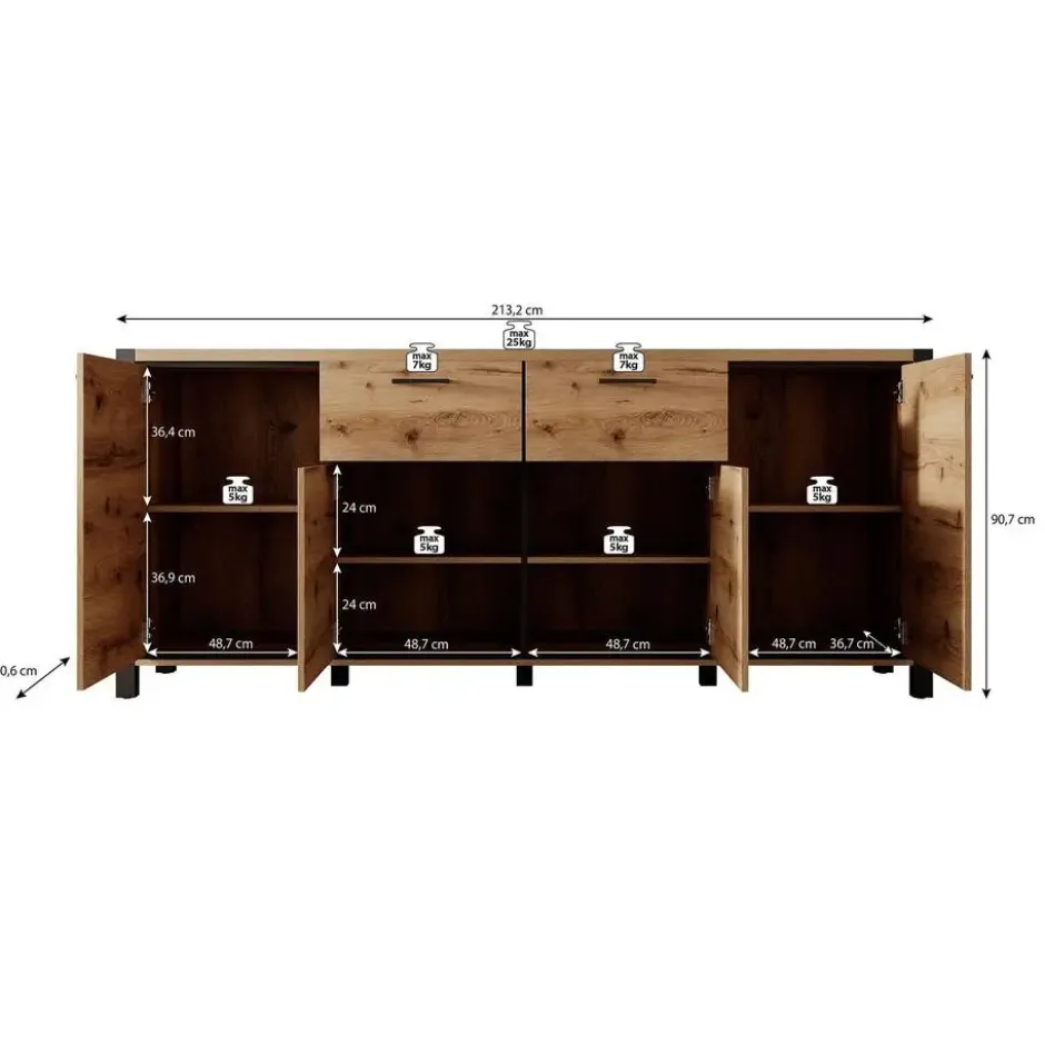 Meubella - Dressoir Acapulco - Eiken - Zwart - 213 cm