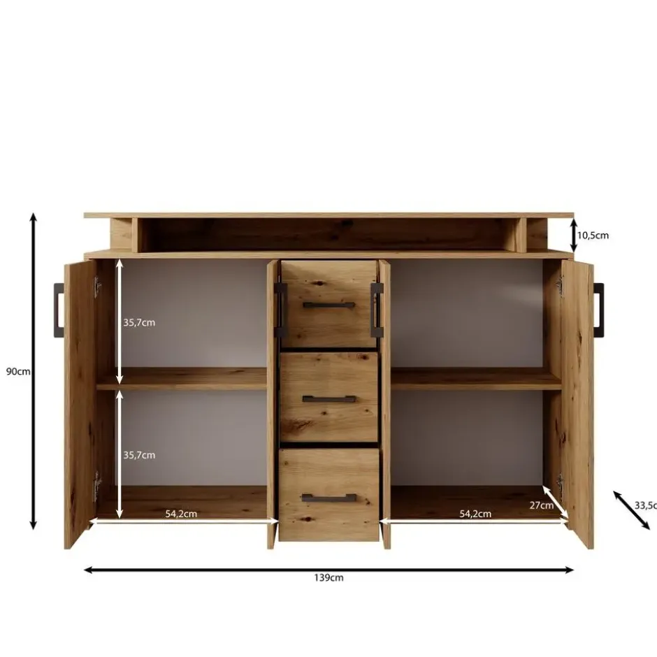 Meubella - Duna 2 - Dressoir - Eikenpatroon/Beige - 139x34x90 cm