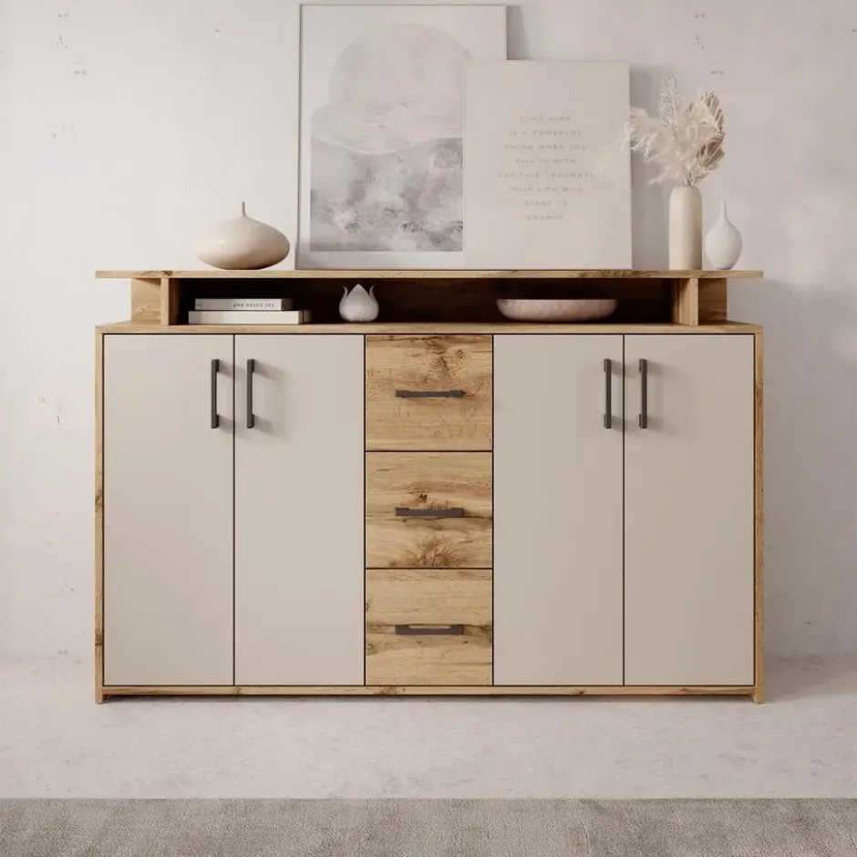 Meubella - Duna 2 - Dressoir - Eikenpatroon/Beige - 139x34x90 cm