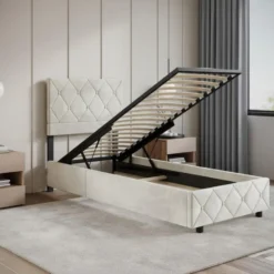 Meubella - Eenpersoonsbed Hernandez - Beige 90x200 cm - Met gaslift