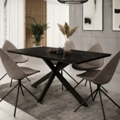 Meubella - Eetkamertafel Wabe - Zwart marmerlook - 160 cm