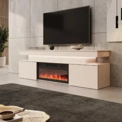 Meubella - Galan - TV-Meubel met sfeerhaard - Beige - 190x39x54 cm