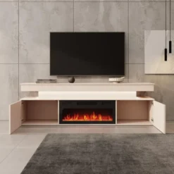Meubella - Galan - TV-Meubel met sfeerhaard - Beige - 190x39x54 cm