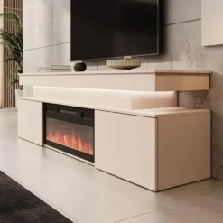 Meubella - Galan - TV-Meubel met sfeerhaard - Beige - 190x39x54 cm