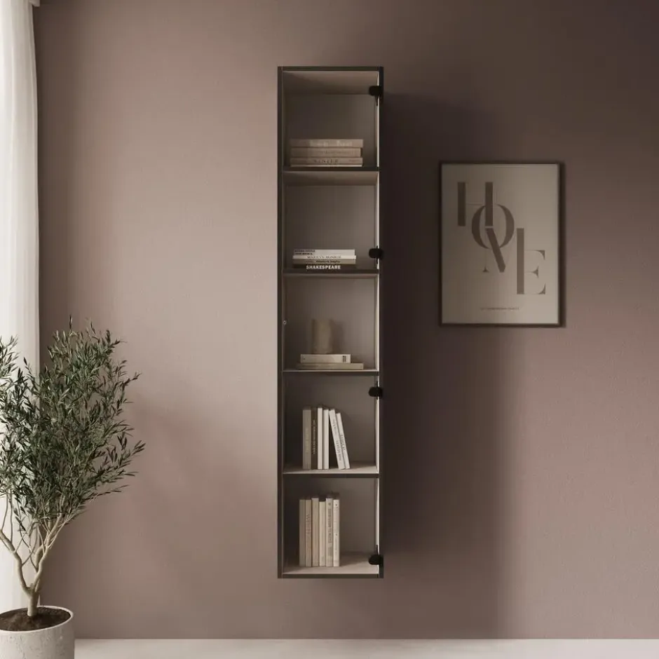 Meubella - Gelvio - Vitrinekast met glas - Beige - 35x32x168 cm