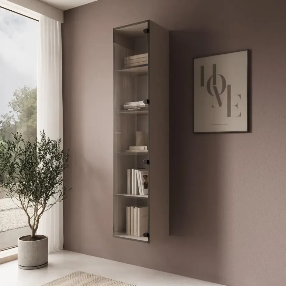 Meubella - Gelvio - Vitrinekast met glas - Beige - 35x32x168 cm