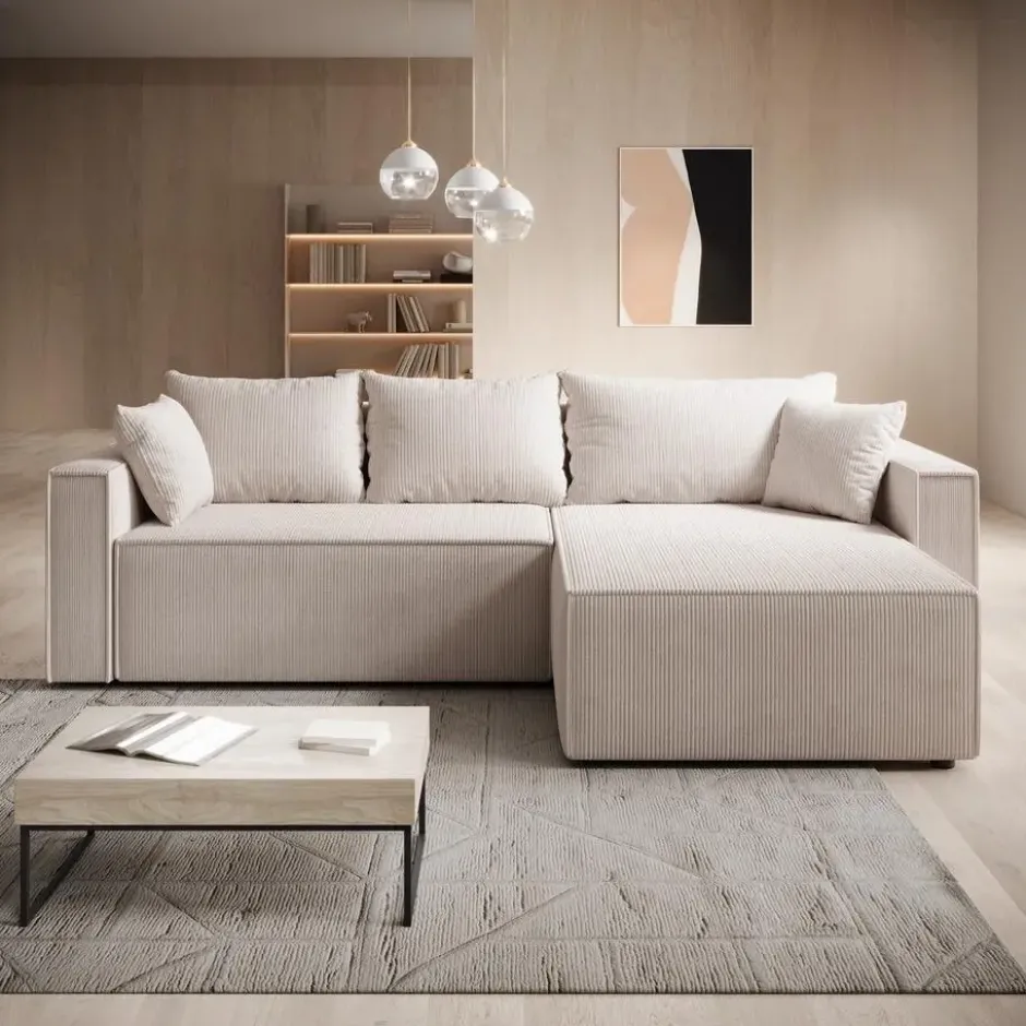 Meubella - Hoekbank Lawrence - Beige - Ribstof - Rechts
