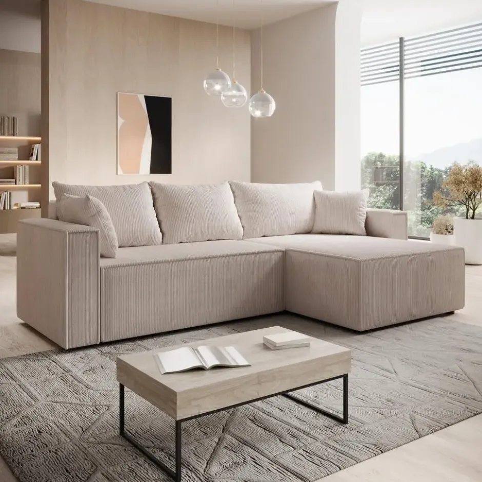Meubella - Hoekbank Lawrence - Beige - Ribstof - Rechts