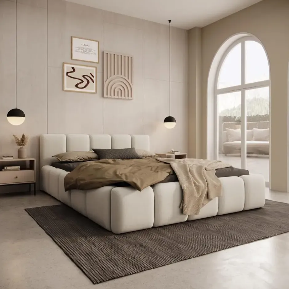 Meubella - Karisma - Tweepersoonsbed - Beige stof - 160x200 cm