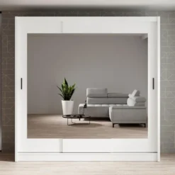 Meubella - Kledingkast Alcamo 2 - Wit - 205 cm - Met spiegel