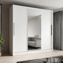 Meubella - Kledingkast Alcamo - Wit - 205 cm - Met spiegel