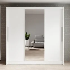 Meubella - Kledingkast Alcamo - Wit - 205 cm - Met spiegel