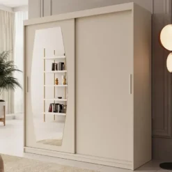 Meubella - Kledingkast Azai - Beige - 180 cm - Met spiegel