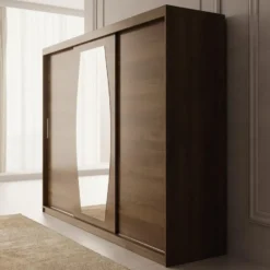 Meubella - Kledingkast Azai - Walnootpatroon - 250 cm - Met spiegel