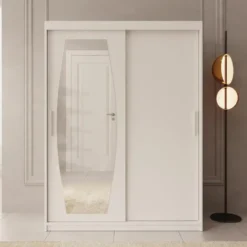 Meubella - Kledingkast Azai - Wit - 150 cm - Met spiegel