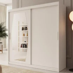 Meubella - Kledingkast Azai - Wit - 200 cm - Met spiegel