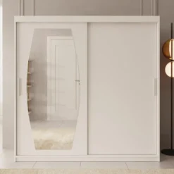 Meubella - Kledingkast Azai - Wit - 200 cm - Met spiegel
