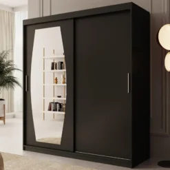 Meubella - Kledingkast Azai - Zwart - 180 cm - Met spiegel