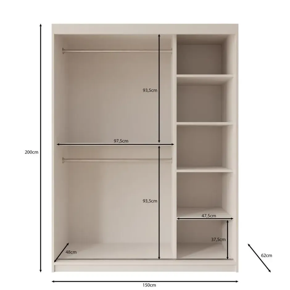 Meubella - Kledingkast Bodhi - Wit - 150 cm - Met spiegel