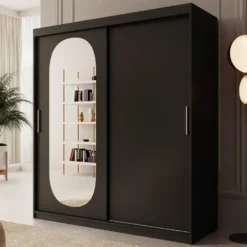 Meubella - Kledingkast Bodhi - Zwart - 180 cm - Met spiegel