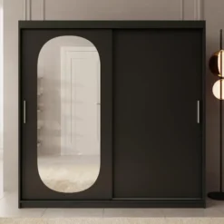 Meubella - Kledingkast Bodhi - Zwart - 200 cm - Met spiegel