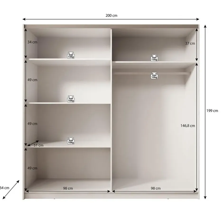 Meubella - Kledingkast Boets - Wit - Eiken - 200 cm - Met spiegel