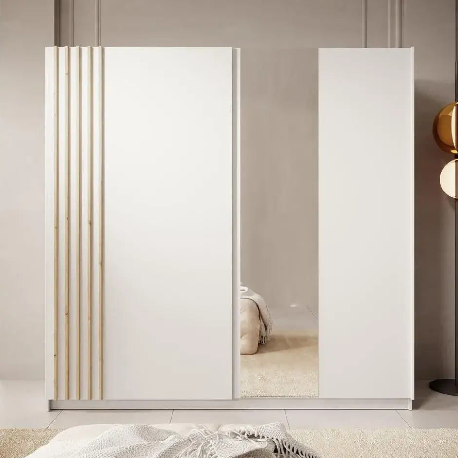 Meubella - Kledingkast Boets - Wit - Eiken - 200 cm - Met spiegel