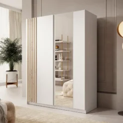 Meubella - Kledingkast Boets - Wit - Eiken - 150 cm - Met spiegel