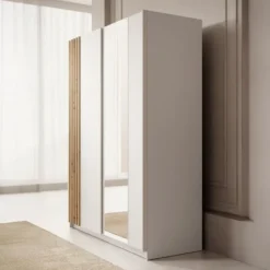 Meubella - Kledingkast Boets - Wit - Eiken - 150 cm - Met spiegel