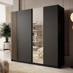 Meubella - Kledingkast Boets - Zwart - Eiken - 200 cm - Met spiegel