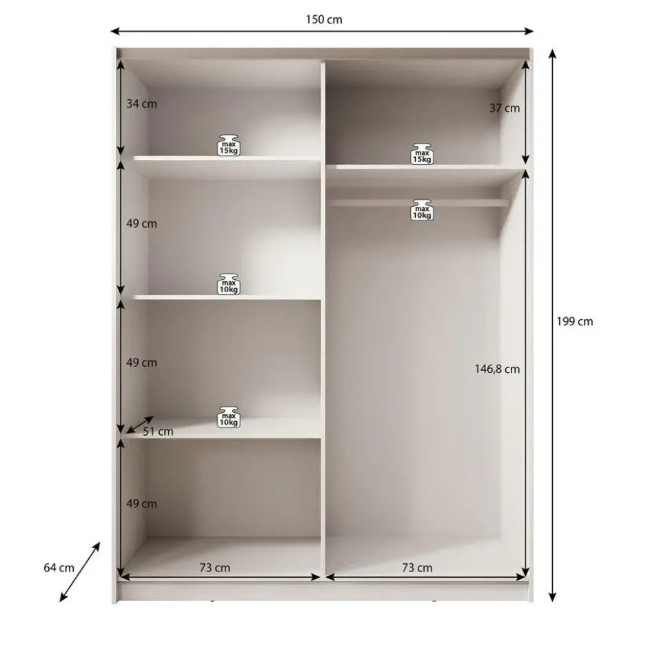 Meubella - Kledingkast Boets - Zwart - Eiken - 150 cm - Met spiegel