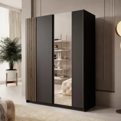 Meubella - Kledingkast Boets - Zwart - Eiken - 150 cm - Met spiegel