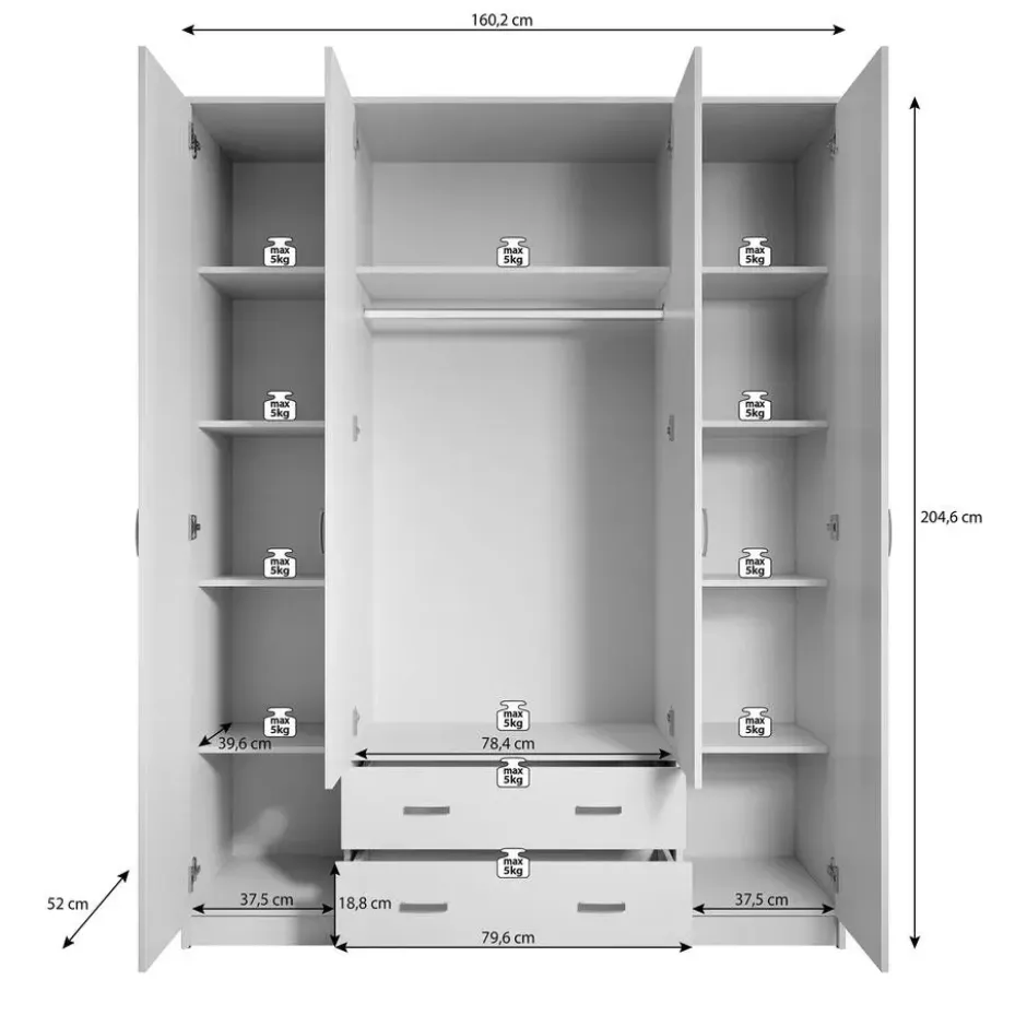 Meubella - Kledingkast Hinto - Grijs Eiken - 160 cm - Met spiegel