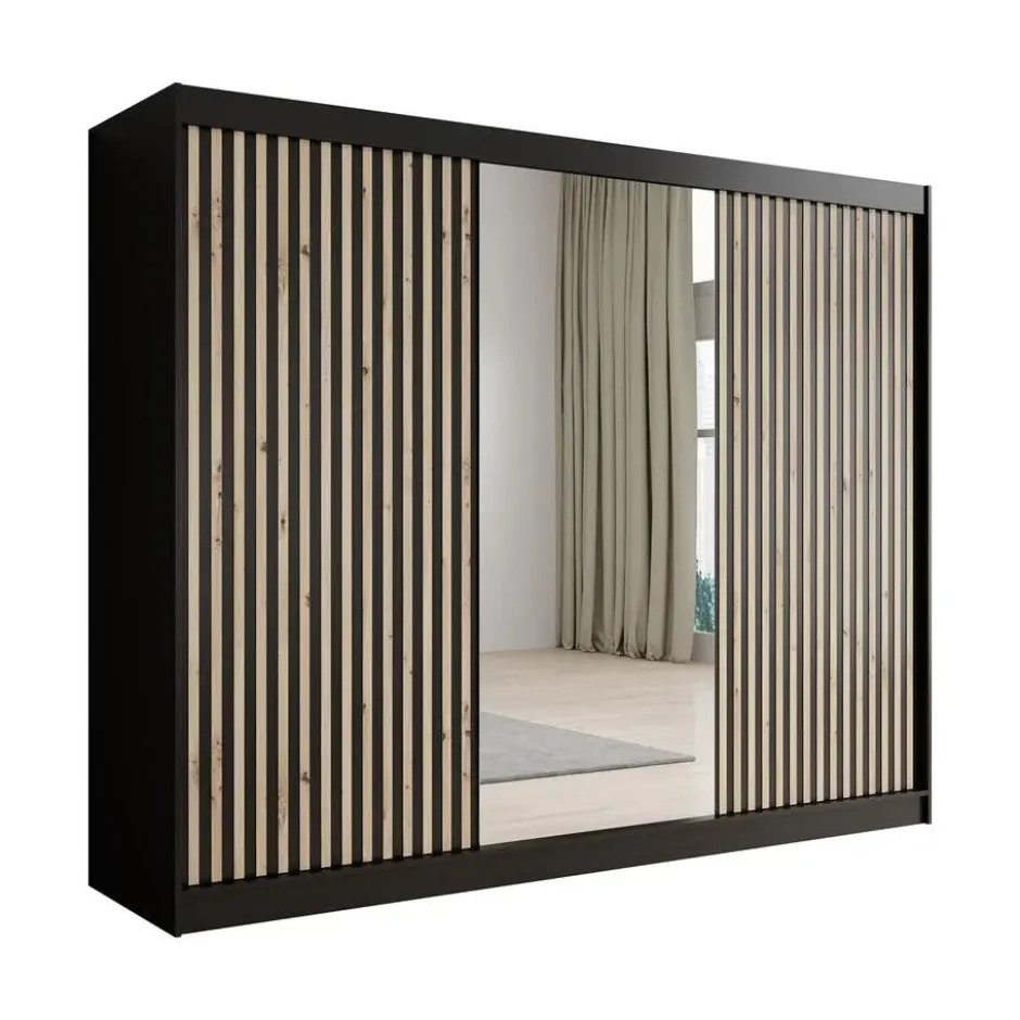 Meubella - Kledingkast Lisbon 2 - Zwart - 250 cm - Met spiegel