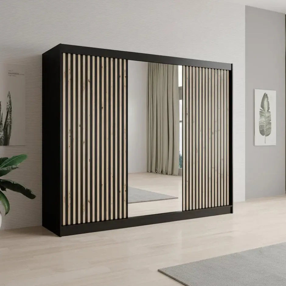 Meubella - Kledingkast Lisbon 2 - Zwart - 250 cm - Met spiegel